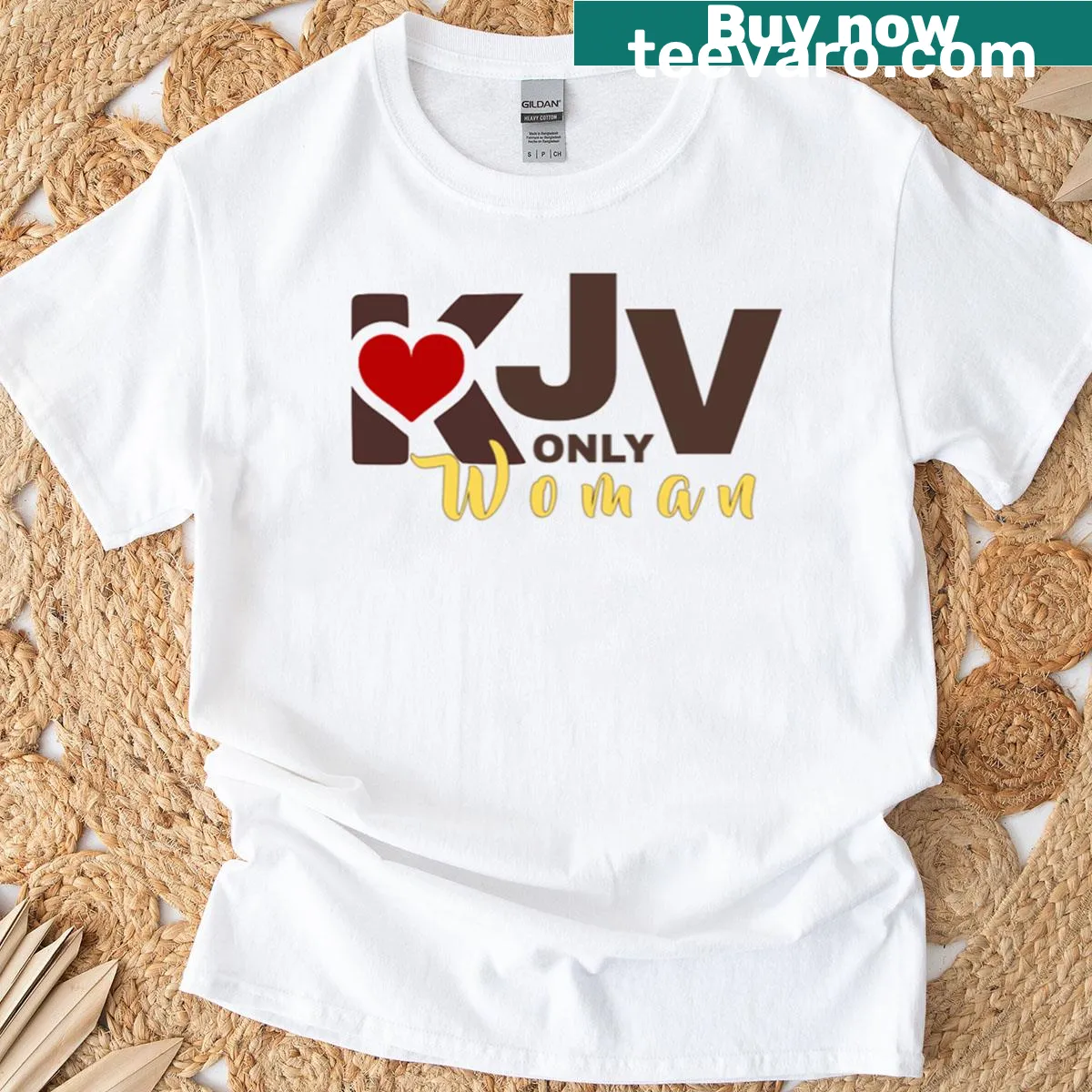 Funny KJV Woman t-shirt with red heart graphic — on a men's t-shirt
