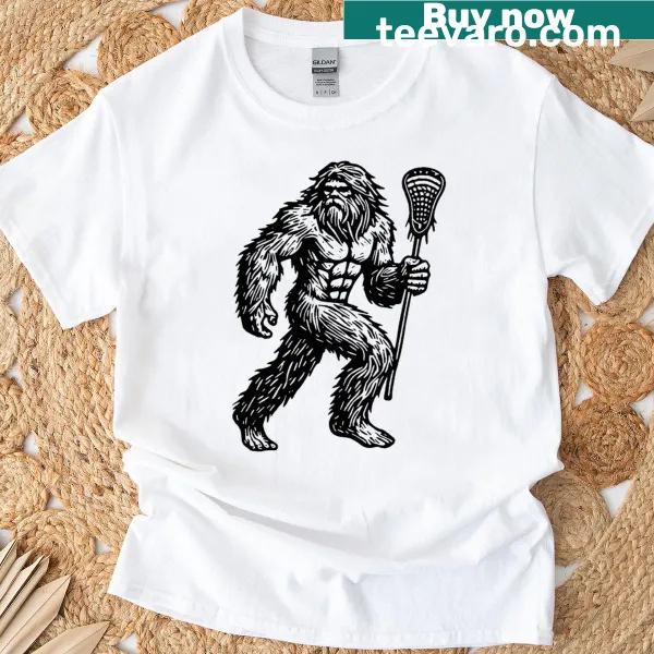 Cartoon Sasquatch playing lacrosse with funny text
