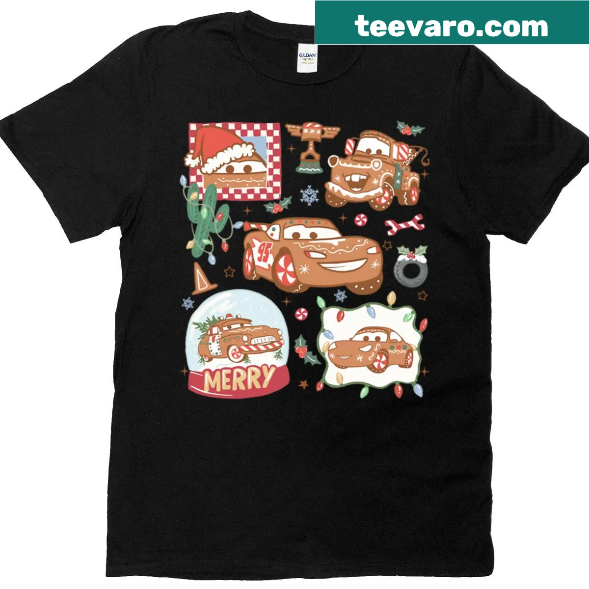 Illustrated T-shirt with Lightning McQueen and friends in a gingerbread theme — on a men's t-shirt