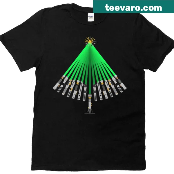 Cartoon lightsaber Christmas tree graphic t-shirt