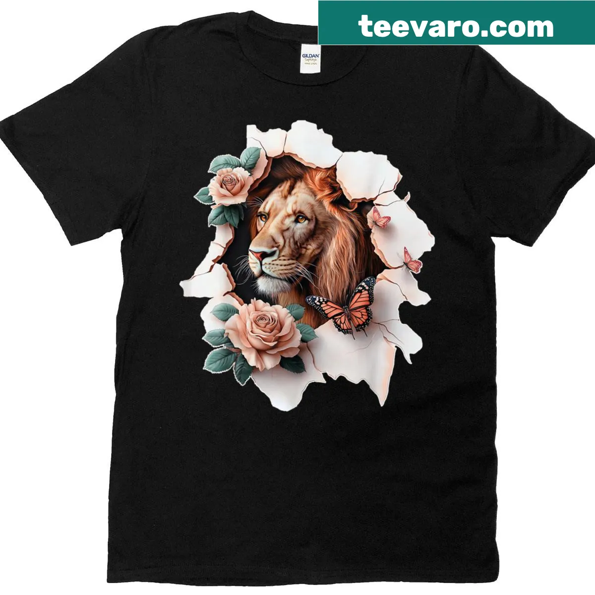 Vintage-style T-shirt with lion and butterfly graphic — on a men's t-shirt