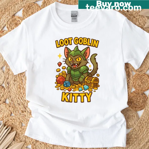 Funny Loot Goblin Kitty T-shirt with playful gaming design