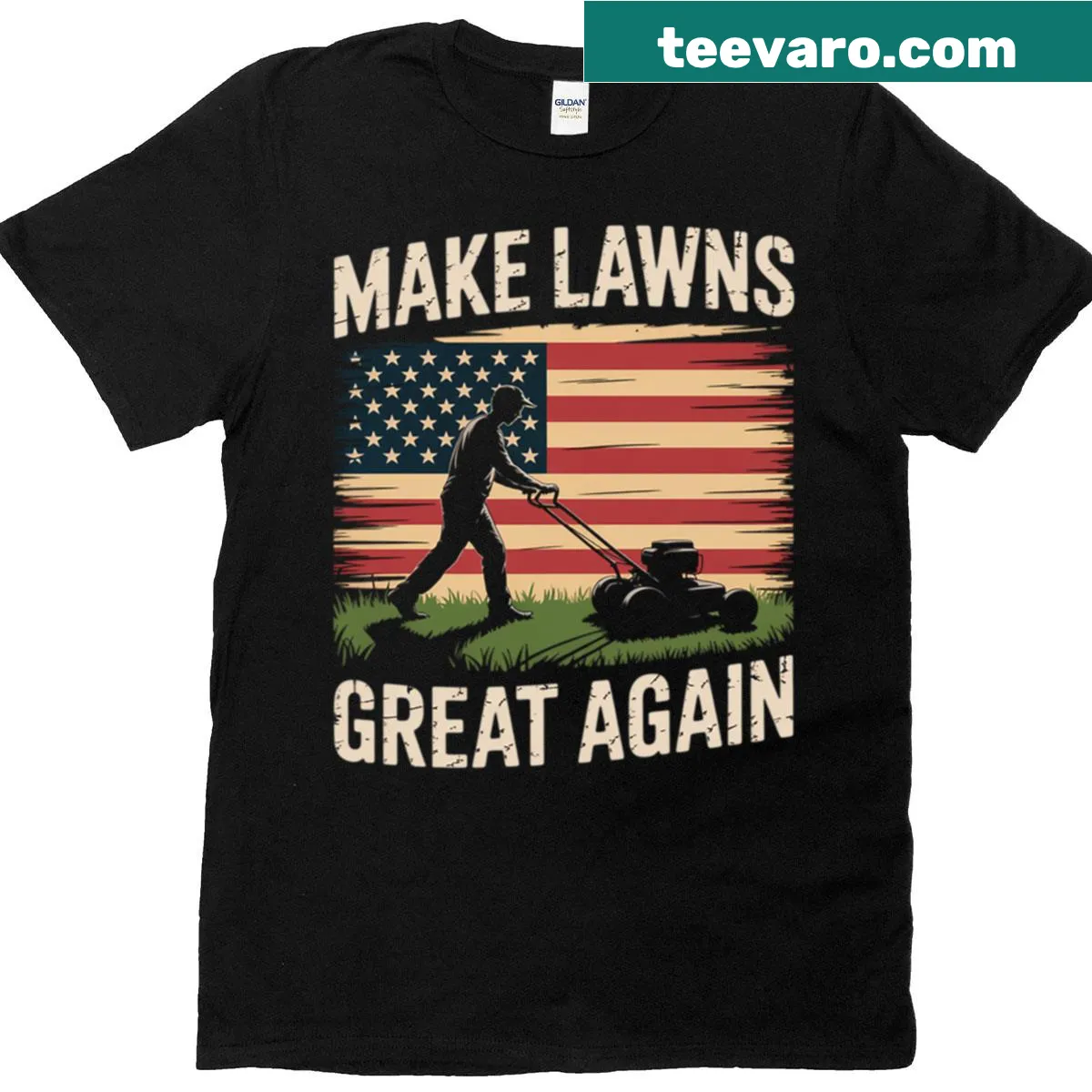 Funny T-shirt for dads with 'Make Lawns Great Again' text — on a men's t-shirt