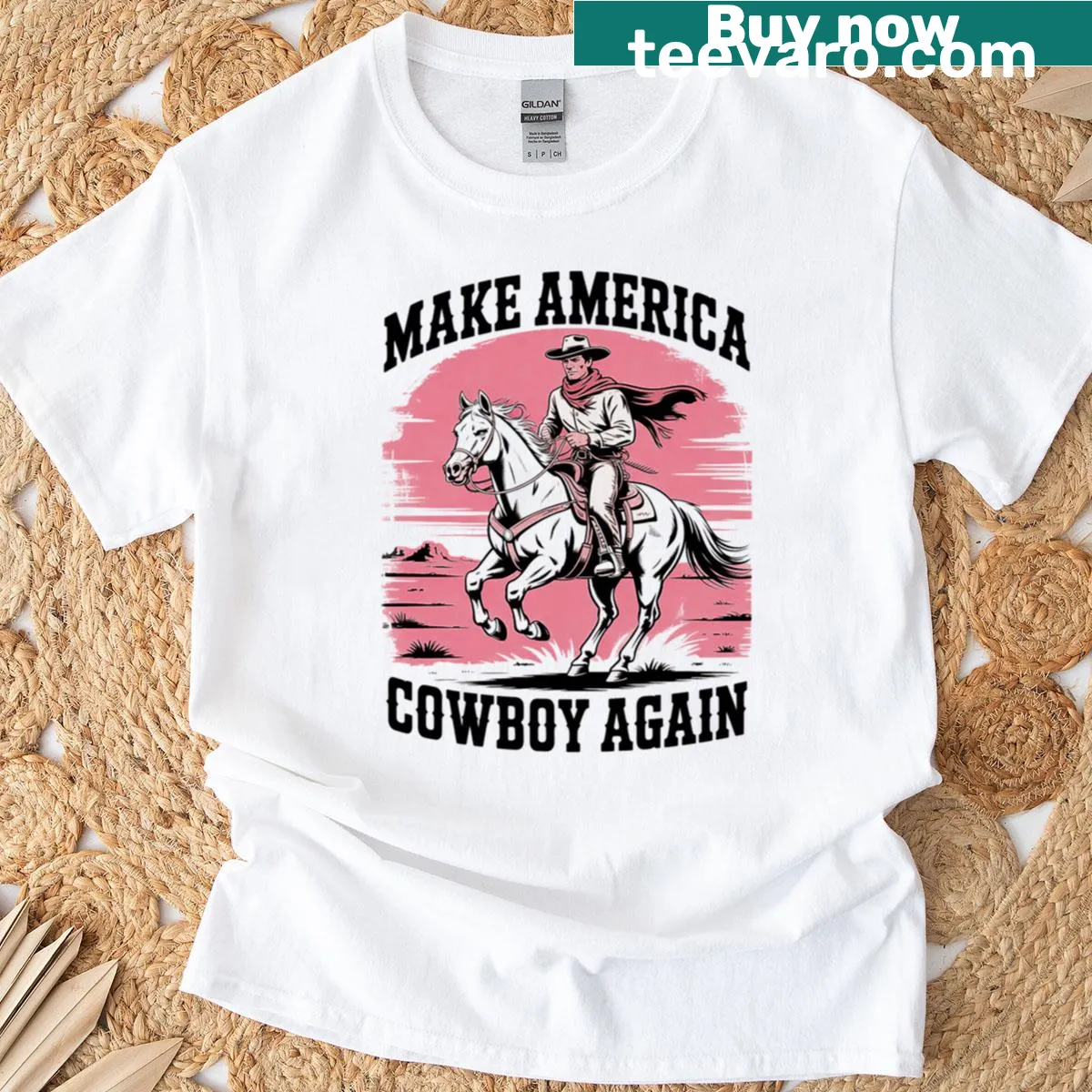 Cowboy-themed T-shirt with patriotic message — on a men's t-shirt