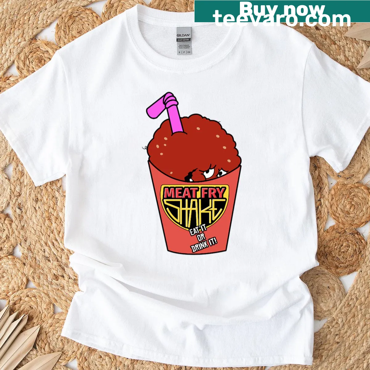 Funny Meat Fry Shake text graphic from Aqua Teen Hunger Force — on a men's t-shirt