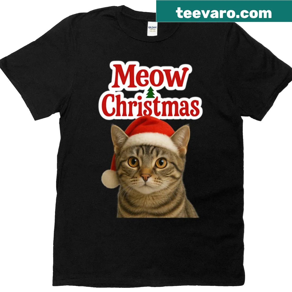 Cute Christmas t-shirt featuring a festive cat design — on a men's t-shirt