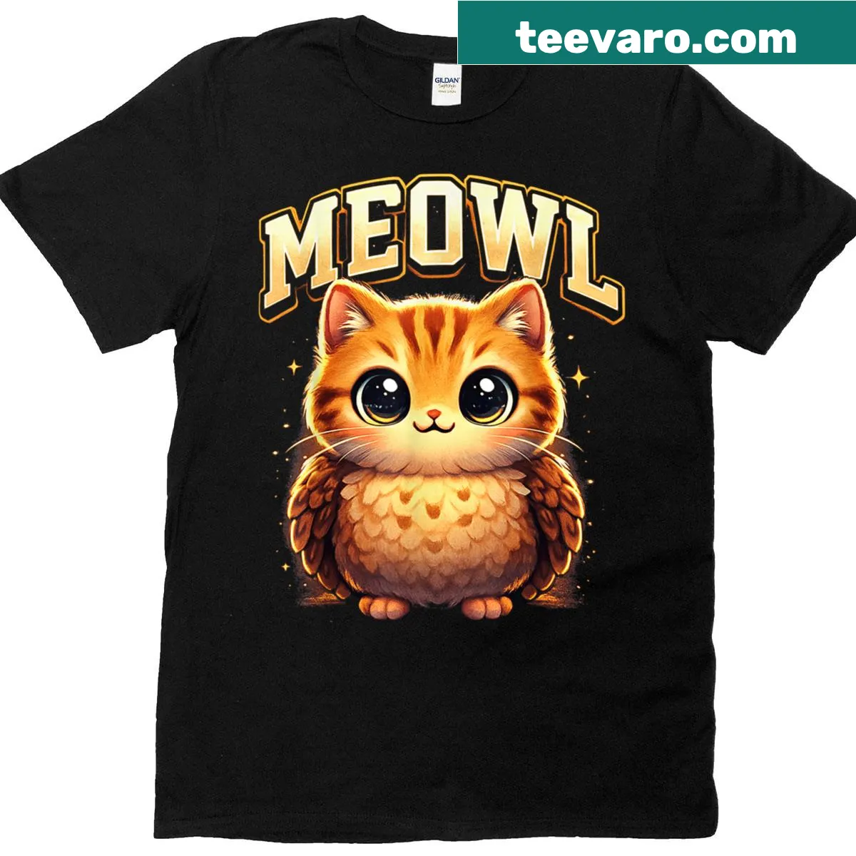 Funny cartoon t-shirt with cat and owl design labeled 'Meowl' — on a men's t-shirt
