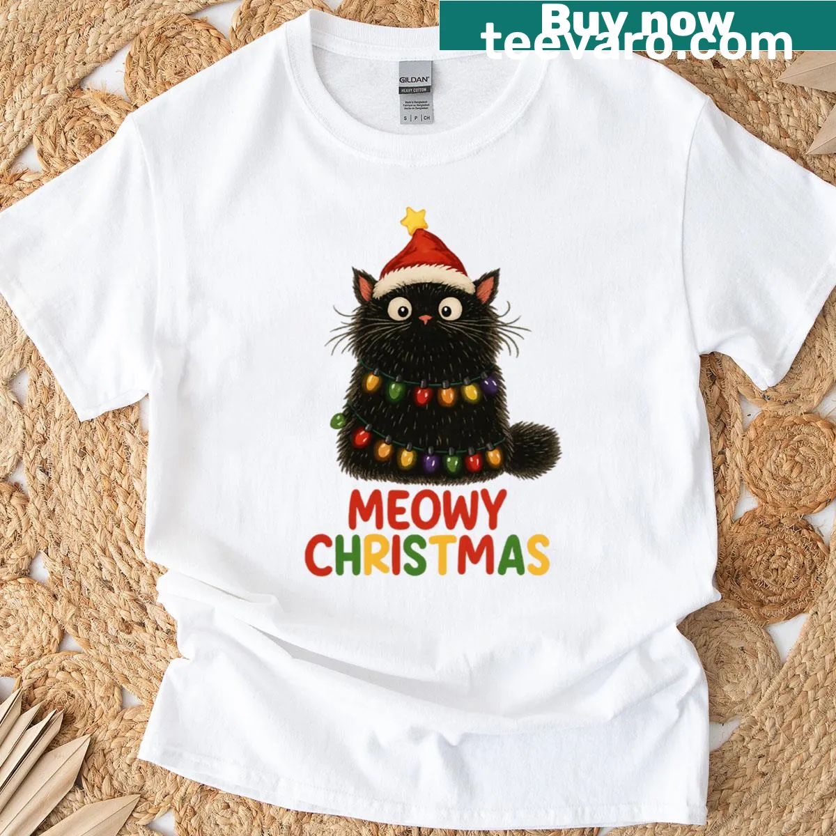 Illustrated black cat in Christmas lights on a festive T-shirt — on a men's t-shirt