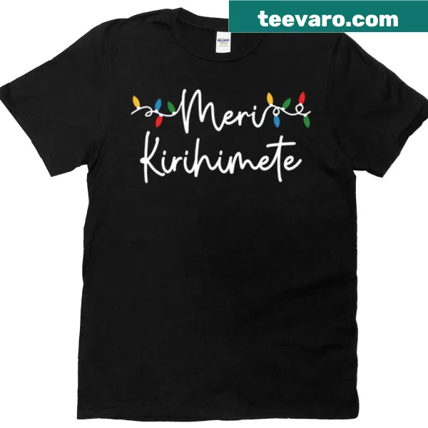 Black t-shirt with 'Meri Kirihimete' and Christmas lights design.