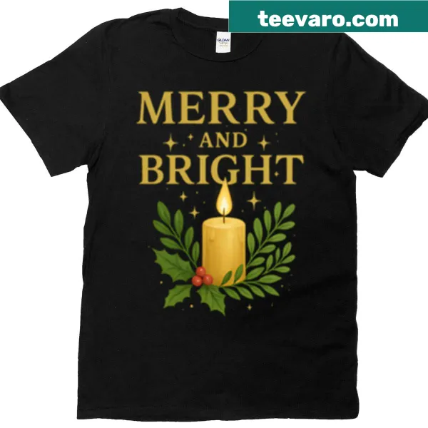 Golden candle with foliage illustration on a Christmas T-shirt