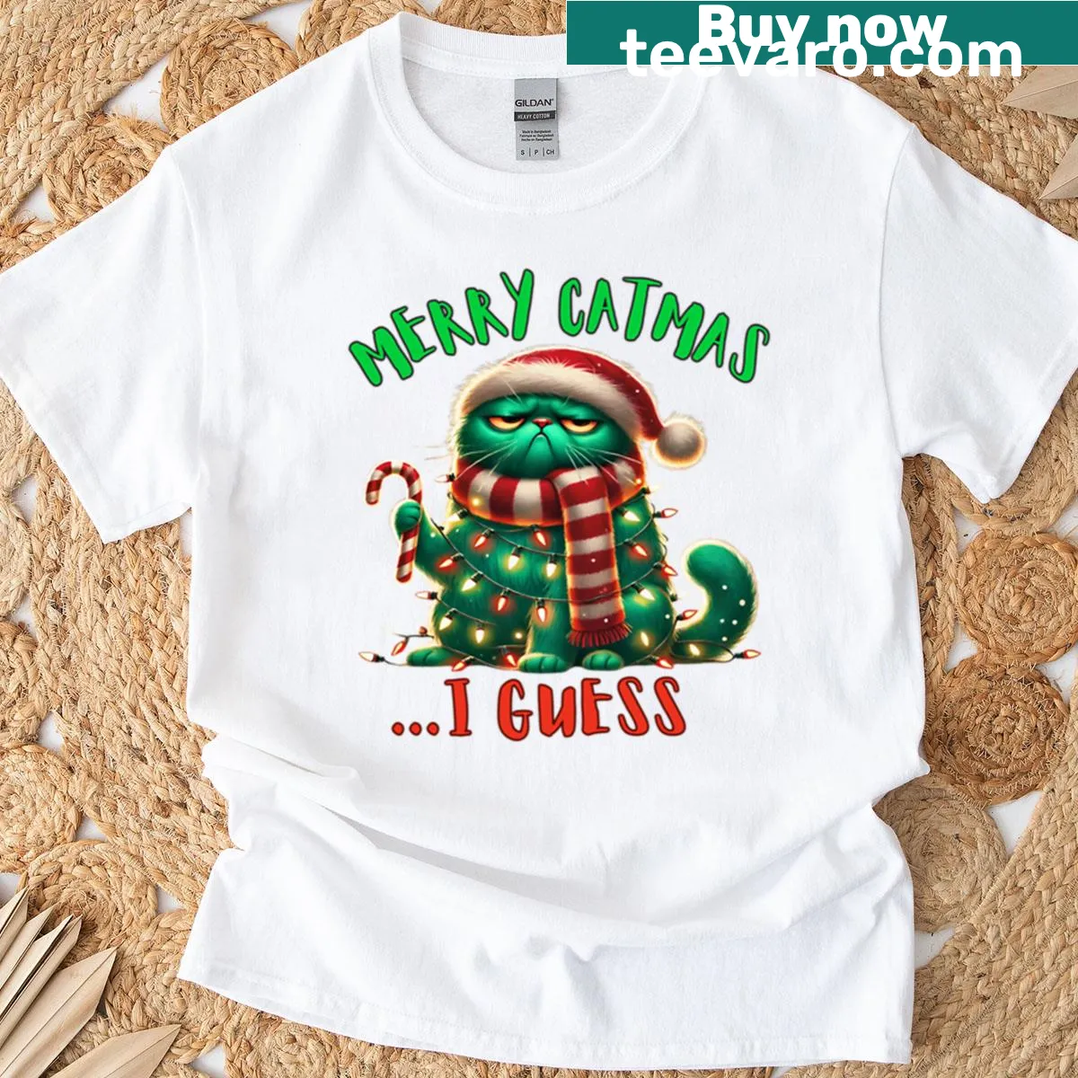 Sarcastic Christmas T-shirt with grumpy cat and 'Merry Catmas' text — on a men's t-shirt