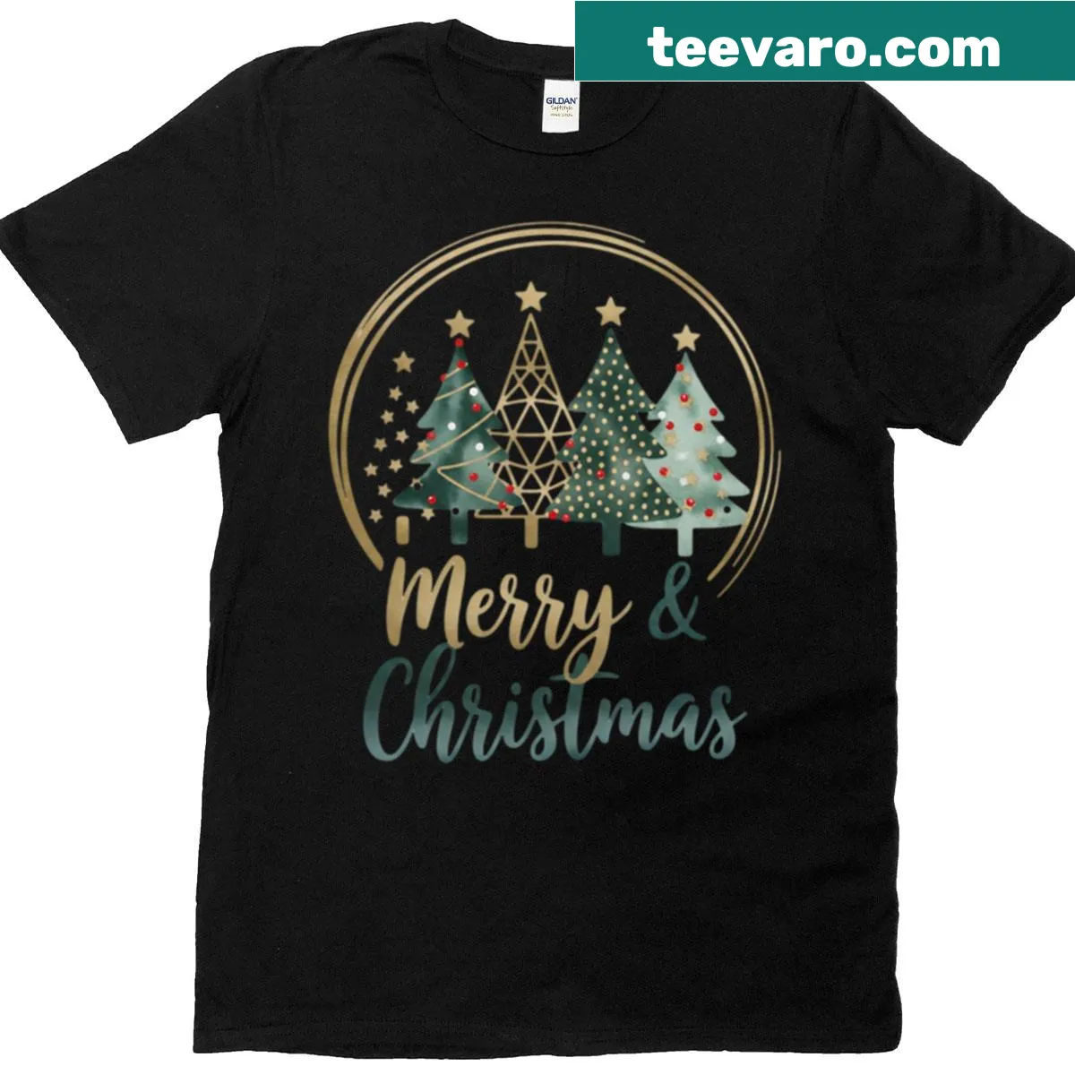 Elegant Christmas tree design T-shirt with festive accents for the season — on a men's t-shirt