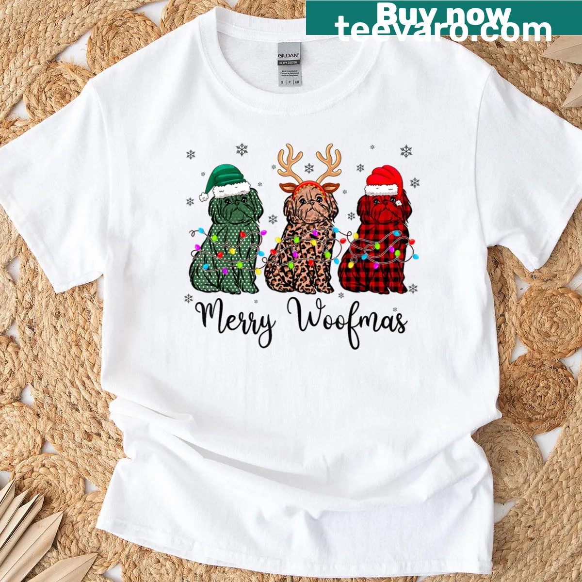 Cute Shih Tzu puppies in a festive design for Woofmas. — on a men's t-shirt