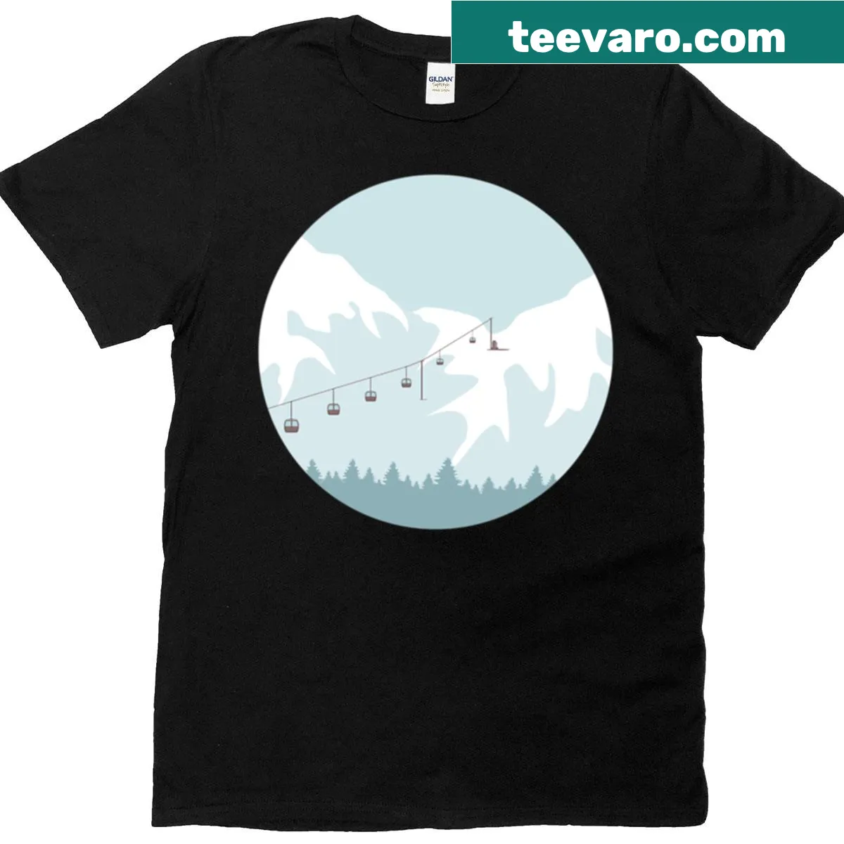 Minimalist T-shirt with ski gondola and mountain landscape illustration — on a men's t-shirt