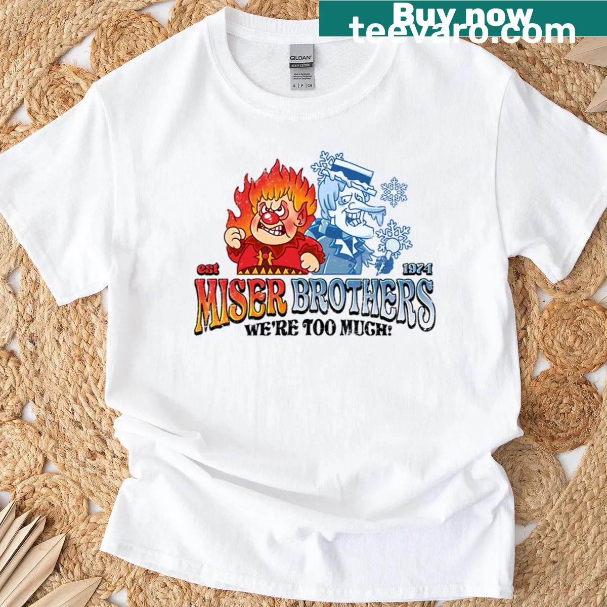Illustrated Miser Brothers Christmas T-shirt featuring playful design — on a men's t-shirt