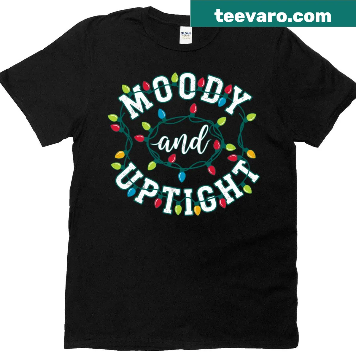 Funny T-shirt for couples with 'moody and uptight' Christmas design — on a men's t-shirt