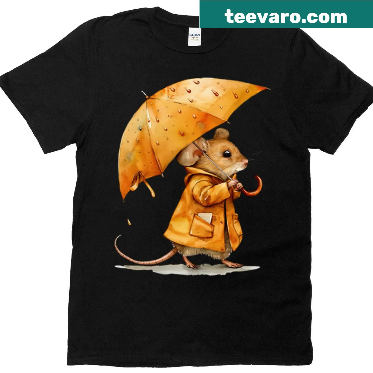 Adorable t-shirt featuring a mouse in a raincoat holding an umbrella. — on a men's t-shirt