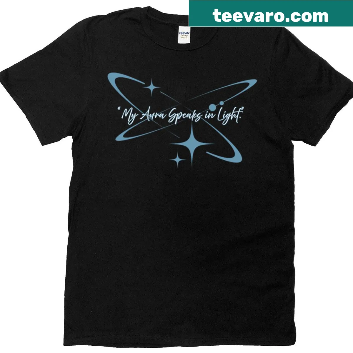 Inspirational typography t-shirt with 'My Aura Speaks In Light' text — on a men's t-shirt