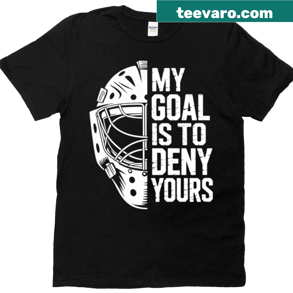 Funny T-shirt for hockey goalies with a humorous message about denying goals — on a men's t-shirt