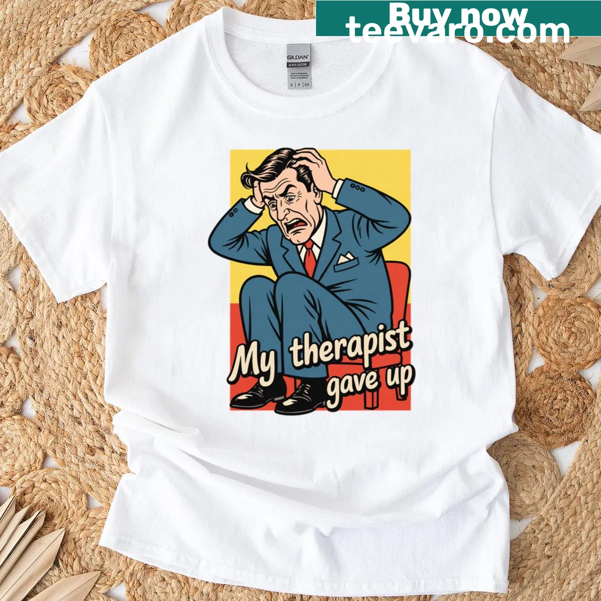Vintage comic-style T-shirt about therapy and stress humor — on a men's t-shirt