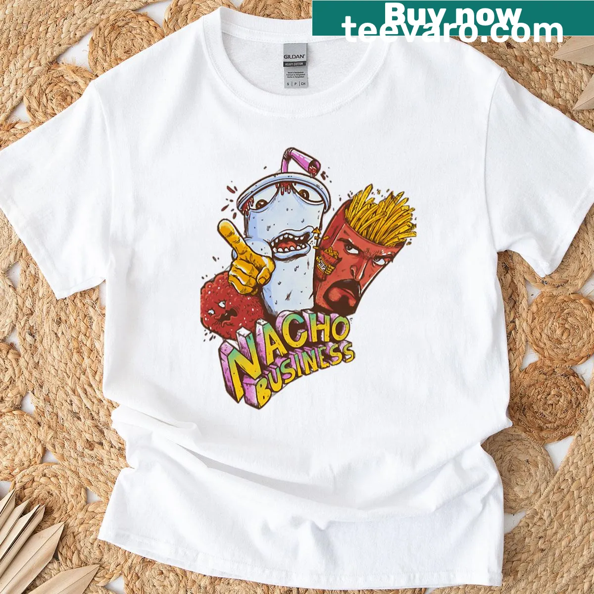 Humorous t-shirt with the phrase Nacho Busines — on a men's t-shirt