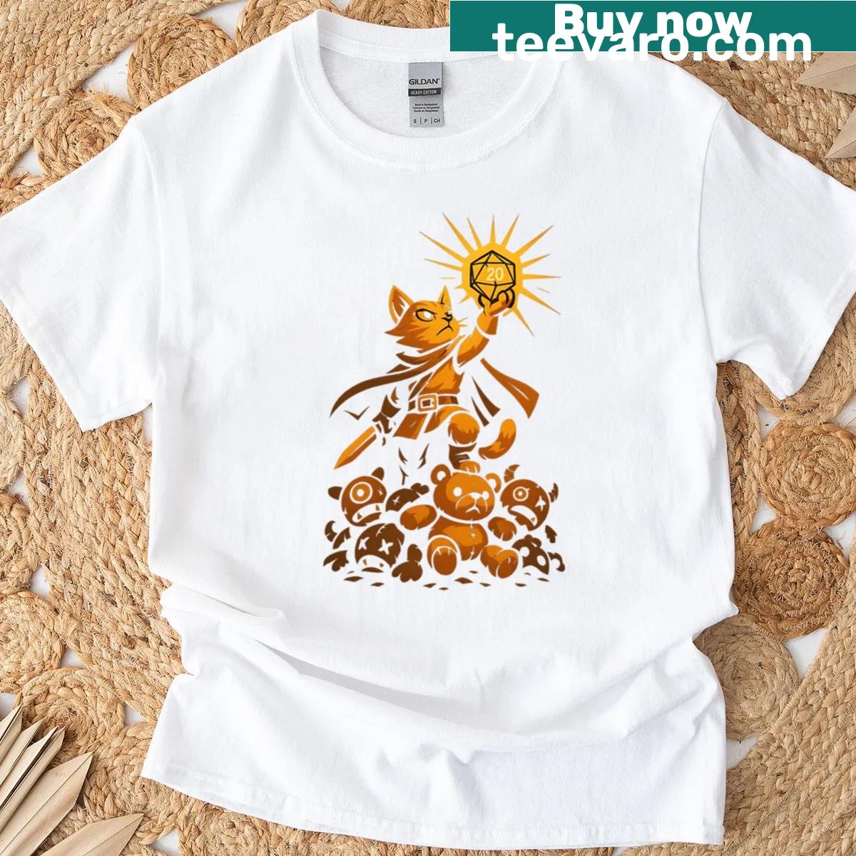 Funny RPG t-shirt with cat paladin and natural 20 graphic — on a men's t-shirt