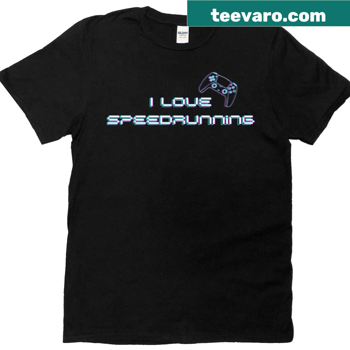 Neon controller illustration with 'I Love Speedrunning' text — on a men's t-shirt