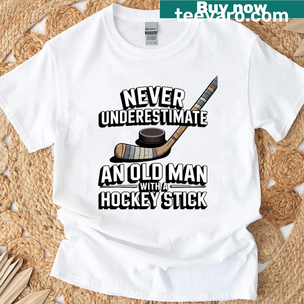 Old Man Hockey T-shirt with humorous phrase about hockey — on a men's t-shirt