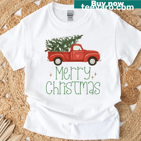 Vintage-style T-shirt with a farm truck and Christmas tree graphic