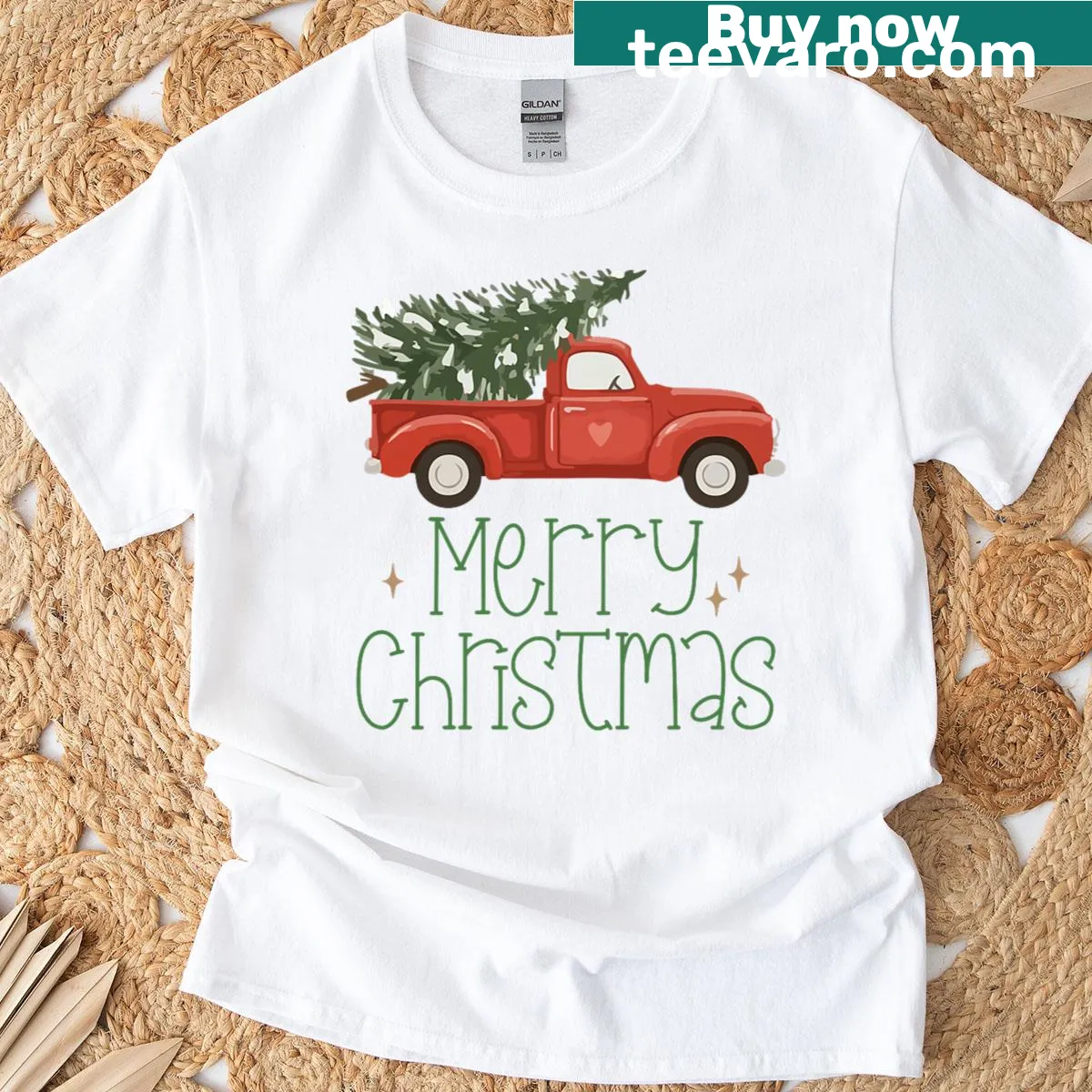 Vintage-style T-shirt with a farm truck and Christmas tree graphic — on a men's t-shirt