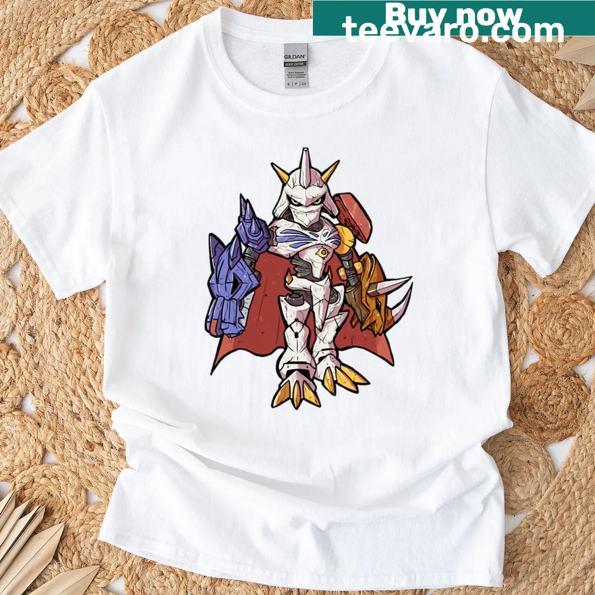 Mecha robot graphic t-shirt featuring Omega Mon design — on a men's t-shirt