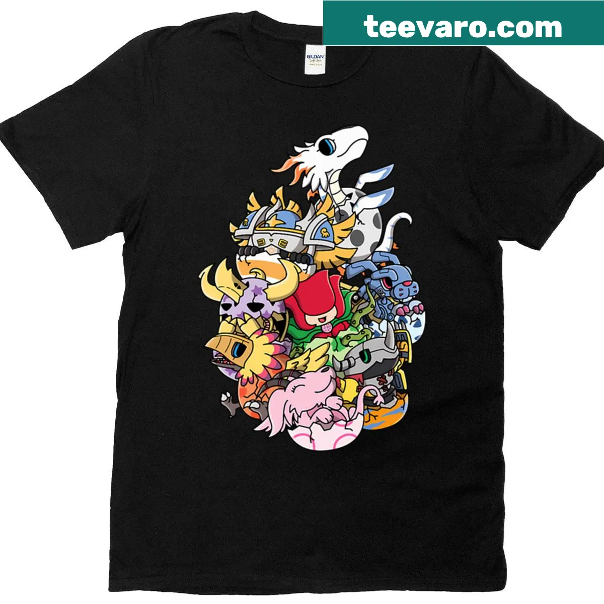Cartoon-style Digimon chibi eggs design on a T-shirt — on a men's t-shirt
