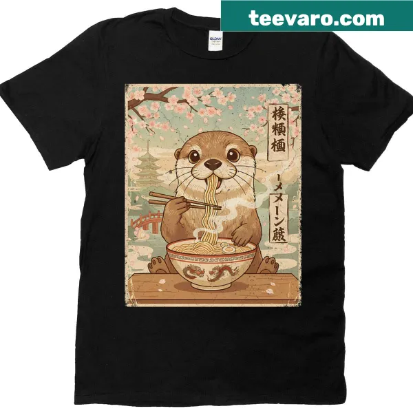 Vintage-style T-shirt featuring an otter eating ramen