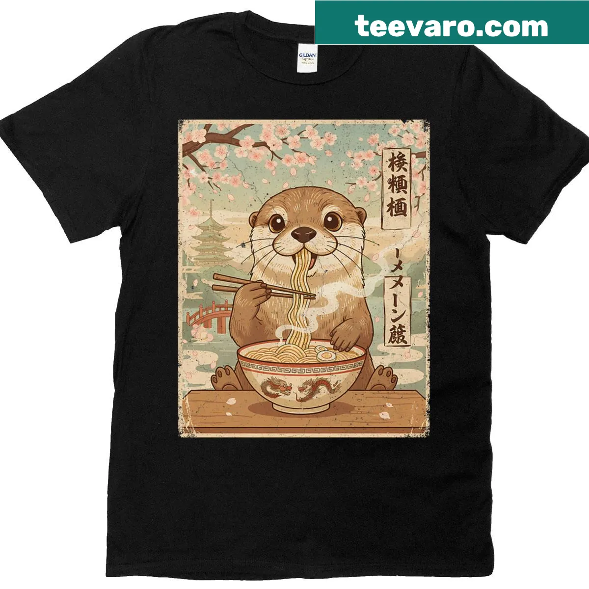 Vintage-style T-shirt featuring an otter eating ramen — on a men's t-shirt