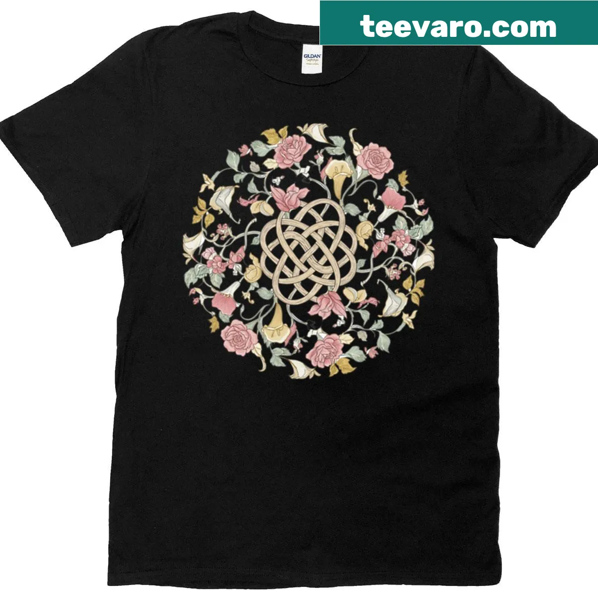Pastel floral t-shirt with a Celtic knot circle design — on a men's t-shirt