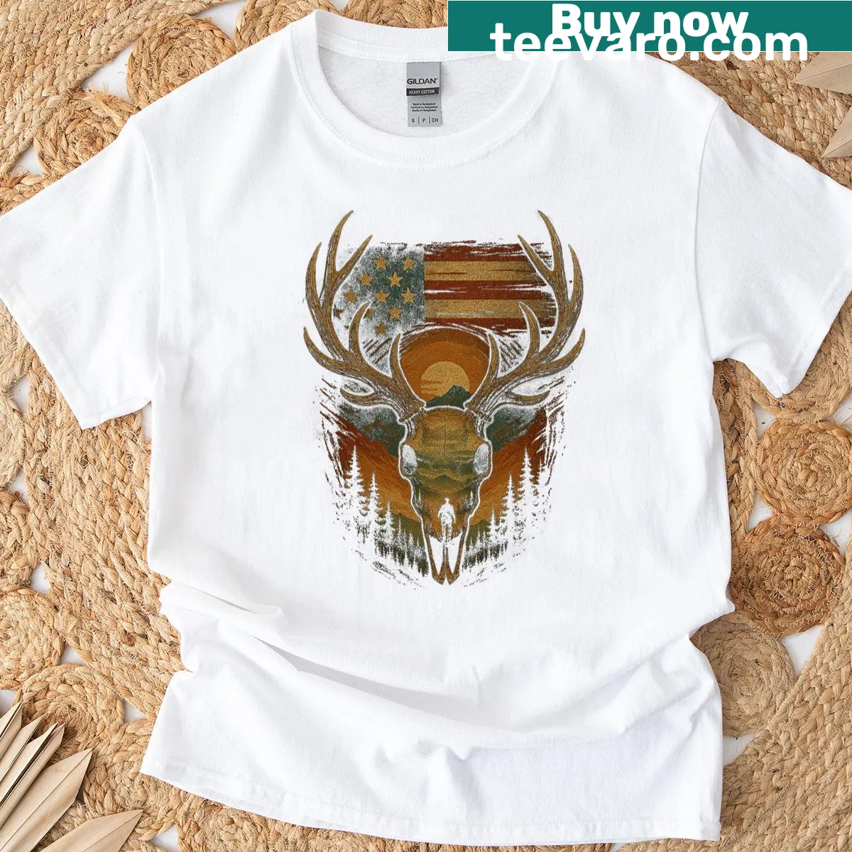 Patriotic T-shirt featuring a deer and hunting theme — on a men's t-shirt