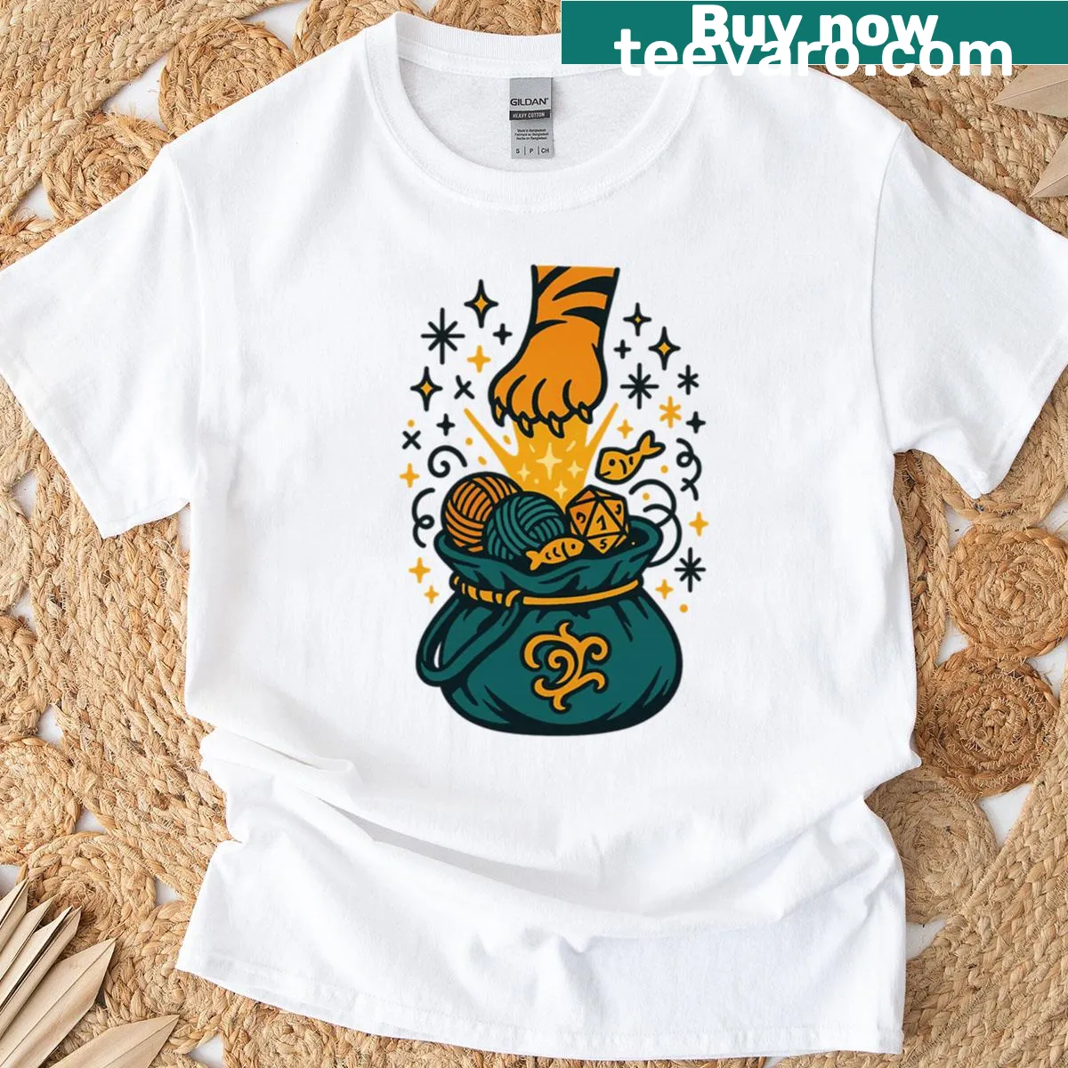 Whimsical cat treasure bag RPG design T-shirt for gamers. — on a men's t-shirt