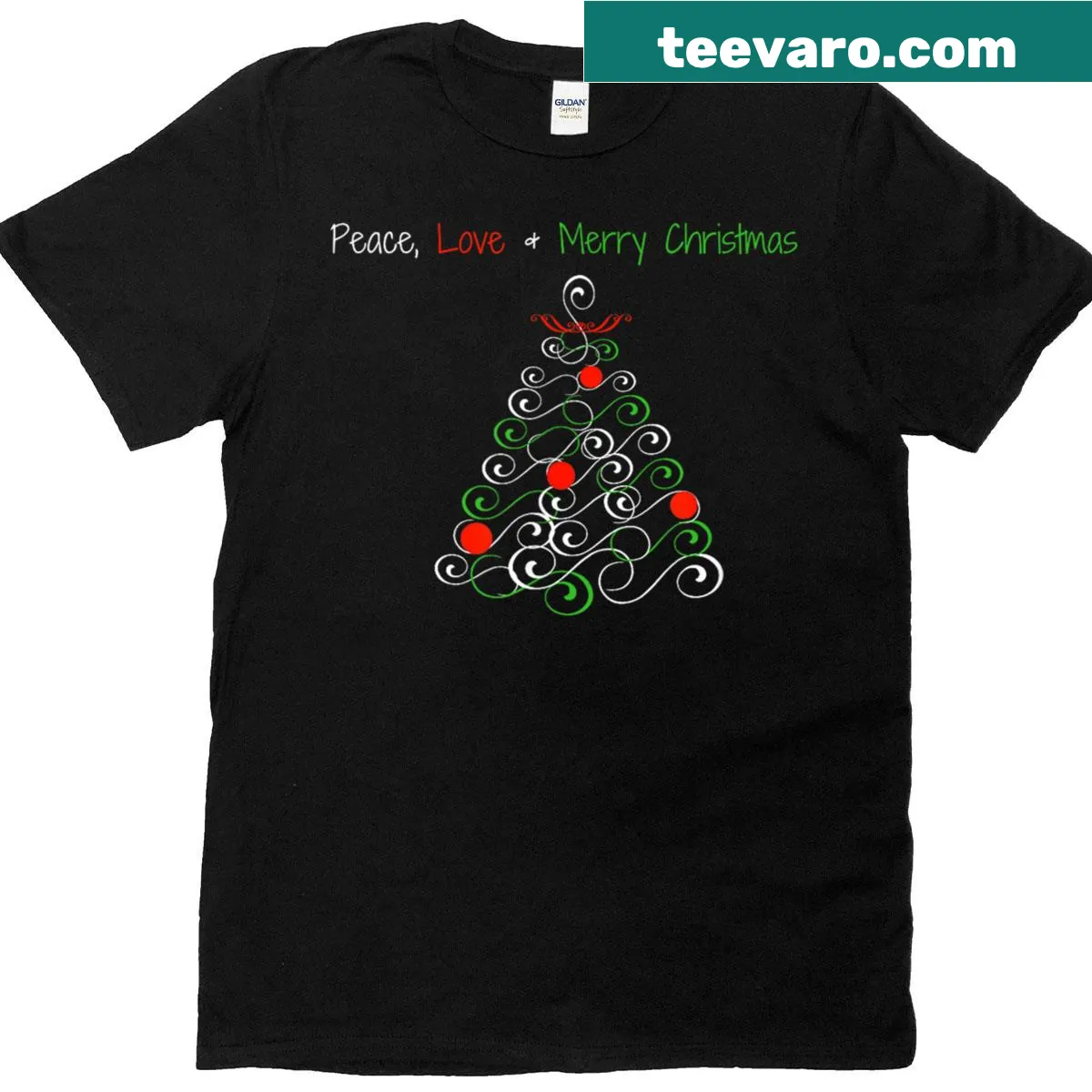 Christmas tree illustration with 'Peace Love Merry Christmas' text — on a men's t-shirt