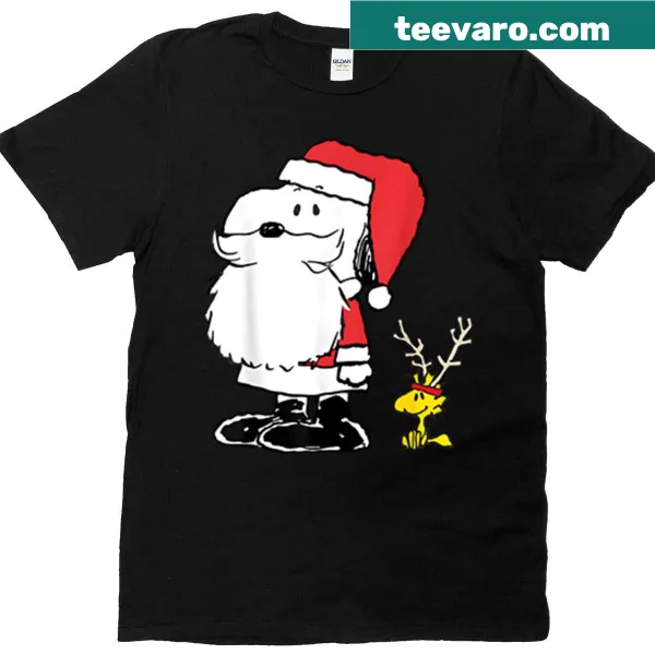 Snoopy and Woodstock in festive attire with Santa hats and antlers