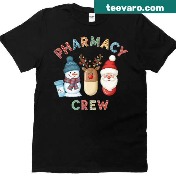 Holiday-themed T-shirt with snowman, Santa, and pill graphics