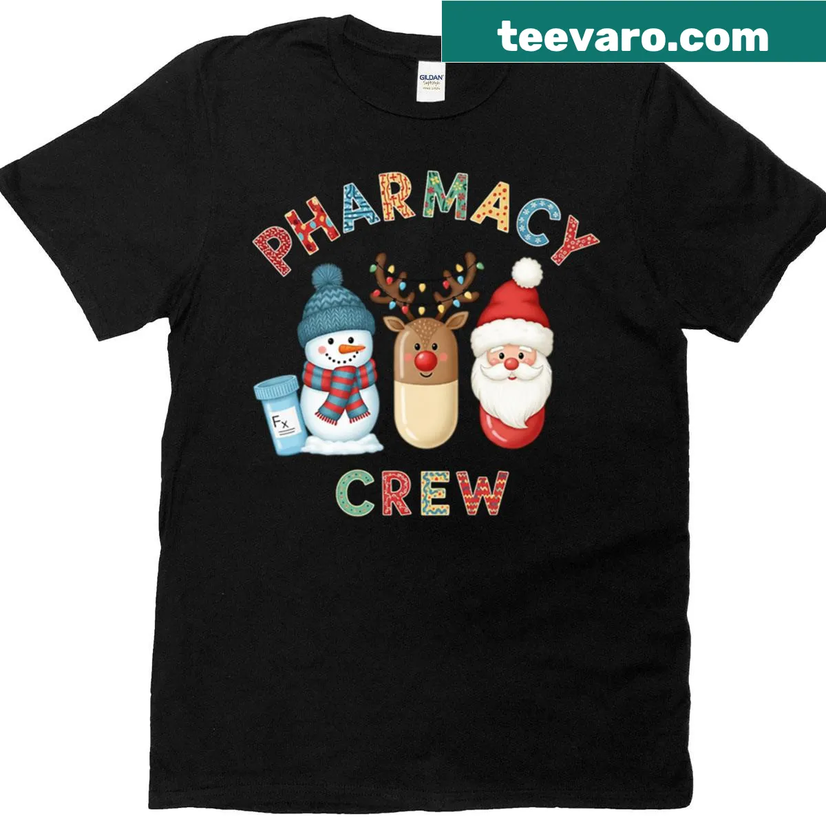 Holiday-themed T-shirt with snowman, Santa, and pill graphics — on a men's t-shirt