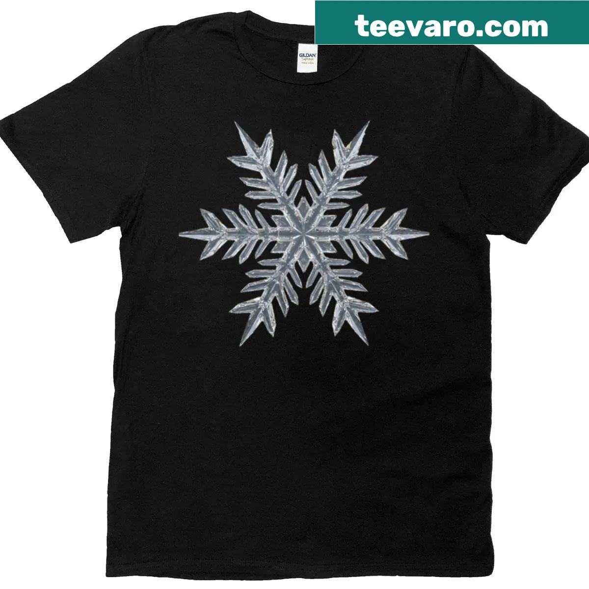 Photorealistic glass snowflake graphic — on a men's t-shirt