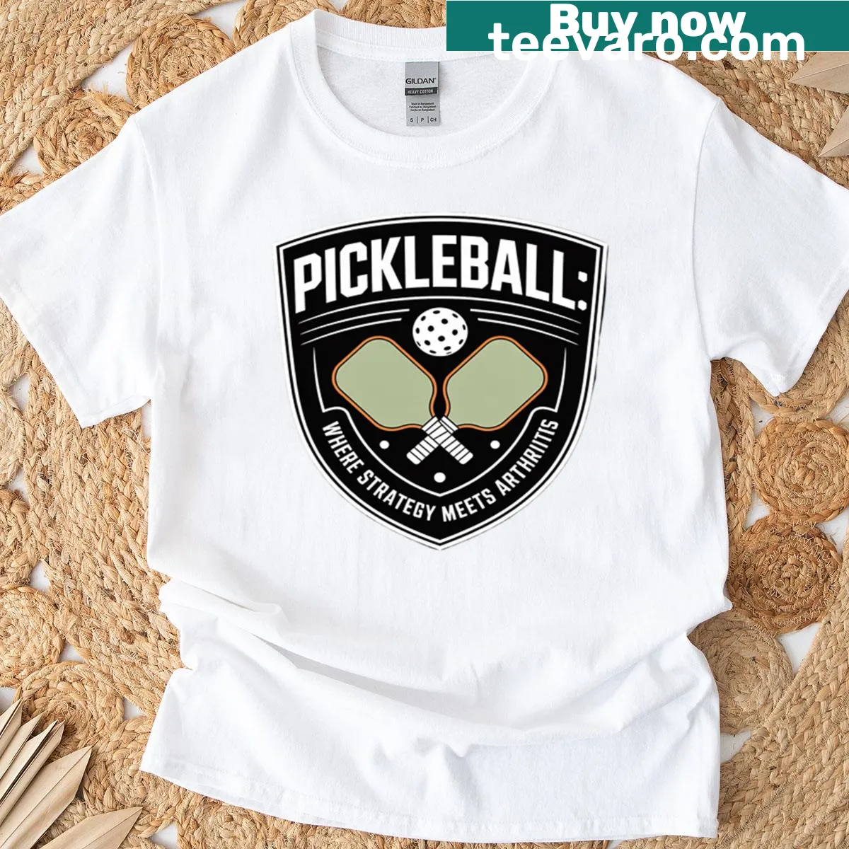 Humorous Pickleball-themed t-shirt about strategy and arthritis — on a men's t-shirt