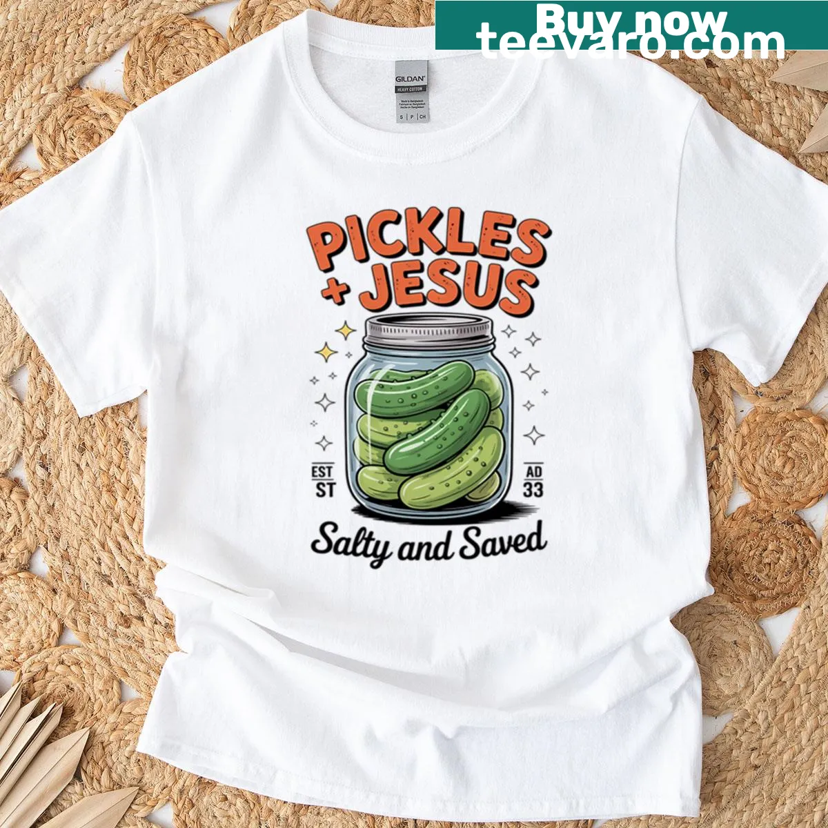 Funny t-shirt with playful text combining pickles and Jesus — on a men's t-shirt