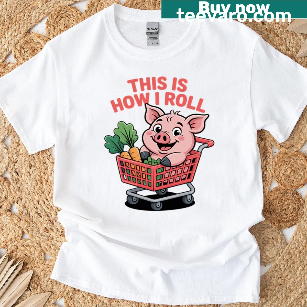 Cartoon pig in grocery cart filled with vegetables — on a men's t-shirt
