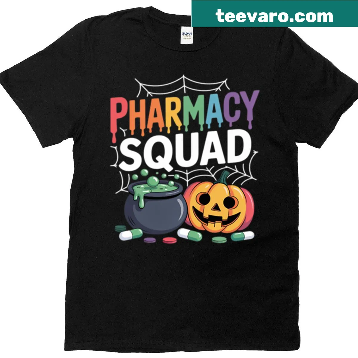 Fun Halloween t-shirt featuring a pharmacy theme with pumpkins. — on a men's t-shirt