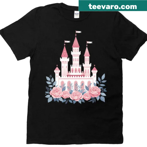 Whimsical t-shirt featuring a fairytale castle with a pink bow design.
