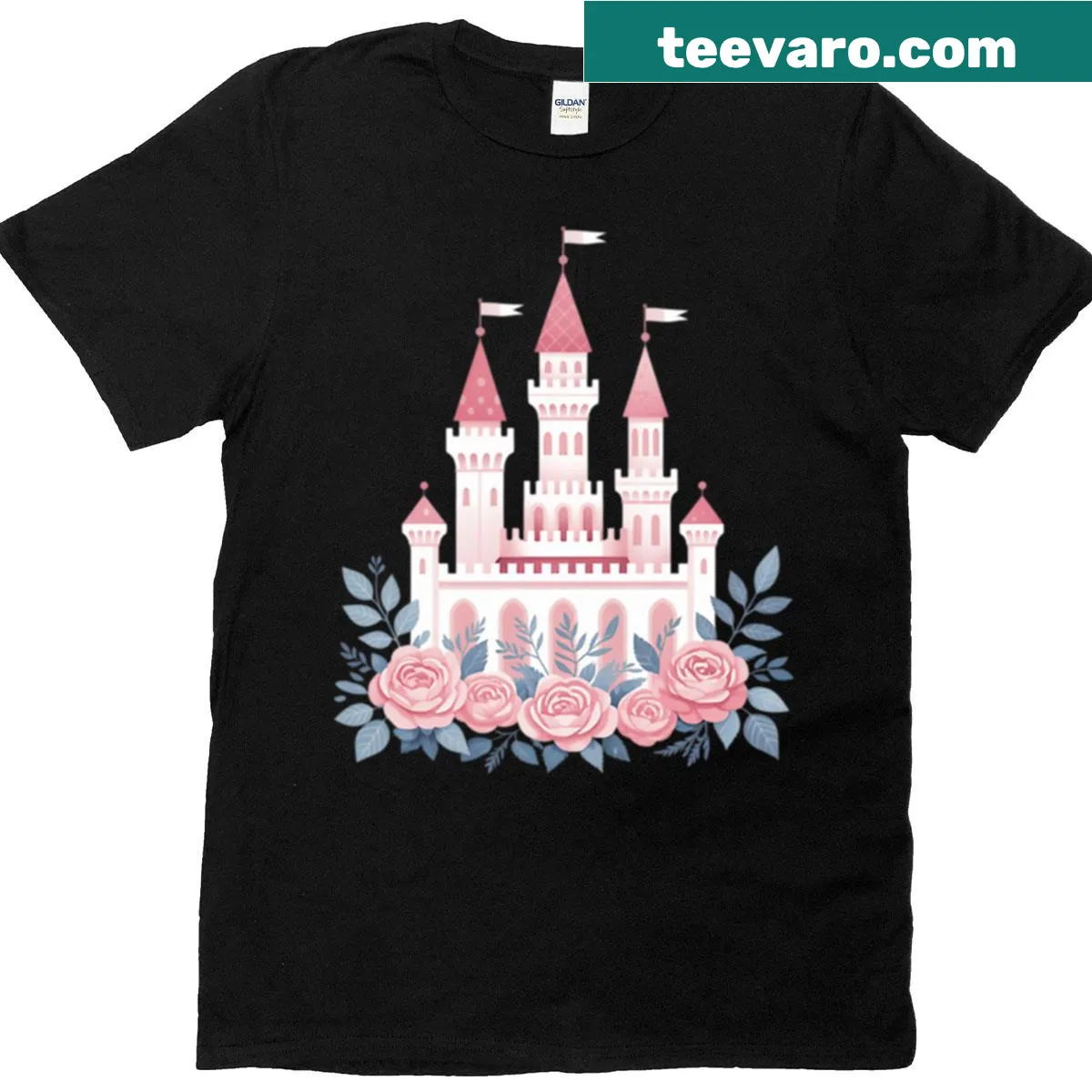 Whimsical t-shirt featuring a fairytale castle with a pink bow design. — on a men's t-shirt