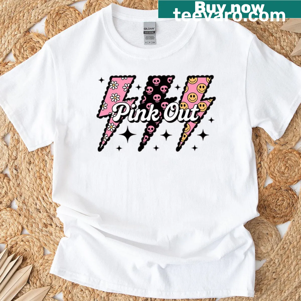 Breast cancer awareness T-shirt with checkered lightning bolt design — on a men's t-shirt