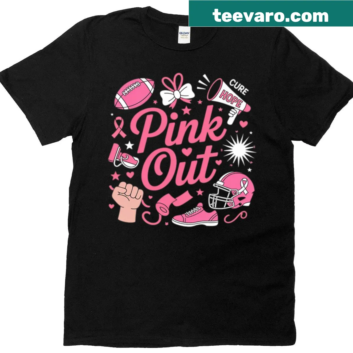 Breast cancer awareness T-shirt with Pink Out Football text — on a men's t-shirt